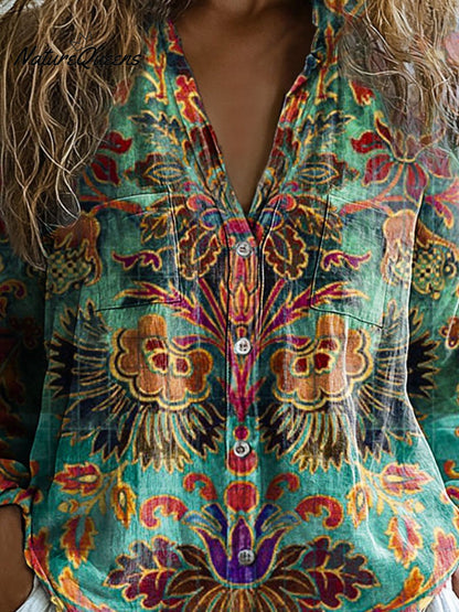 Laura | Women's Vintage Lovely Floral Art Print Casual Long Sleeve Comfortable Cotton Shirt