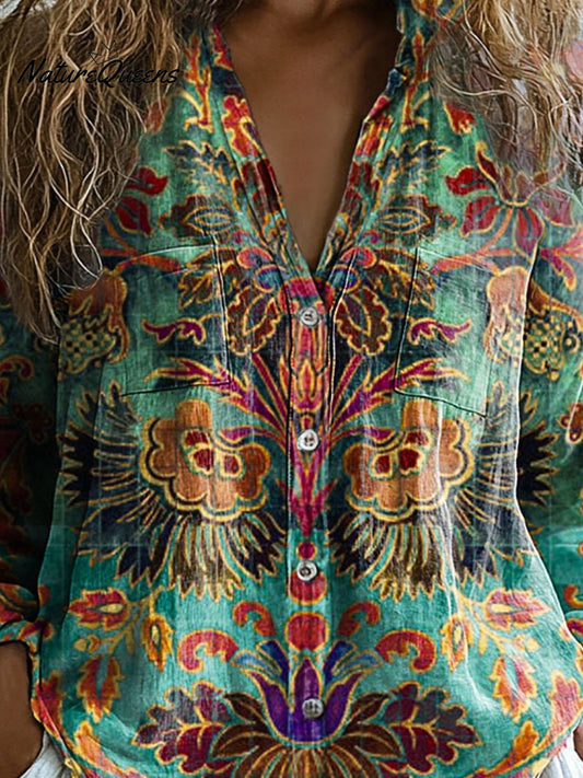 Laura | Camisa casual de algodón cómoda para mujer con manga larga y estampado floral vintage encantador