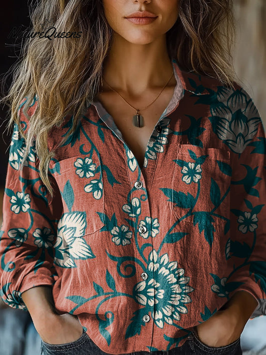 Judith | Camisa casual de algodón cómoda para mujer con estampado retro de flores rojas y manga larga