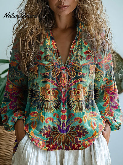 Laura | Women's Vintage Lovely Floral Art Print Casual Long Sleeve Comfortable Cotton Shirt