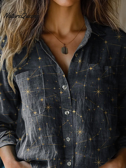 Chloe | Camisa casual de algodón cómoda para mujer con manga larga y estampado de cielo nocturno y estrellas