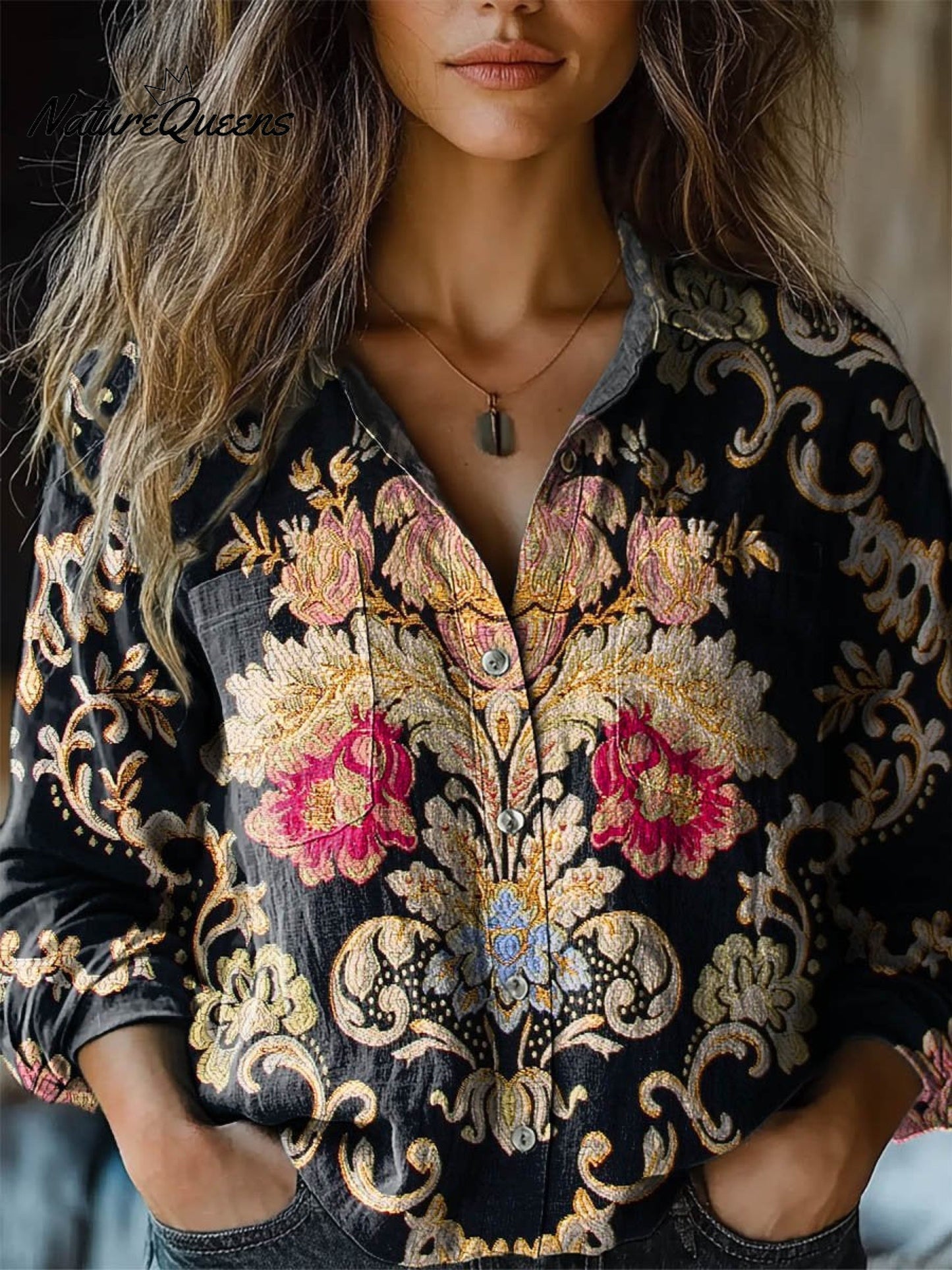Kathleen | Women's Vintage Lovely Floral Art Print Casual Long Sleeve Comfortable Cotton Shirt