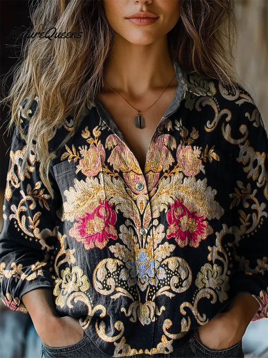 Kathleen | Camisa casual de algodón cómoda para mujer con manga larga y estampado floral vintage encantador