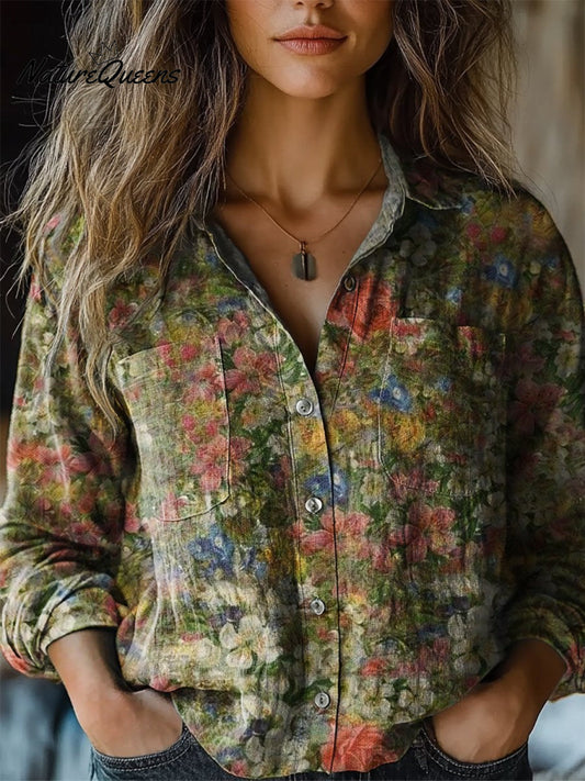 Michelle | Camisa de algodón cómoda de manga larga con estampado artístico floral folk vintage para mujer