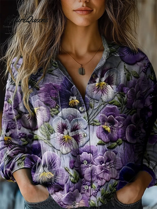 Stephanie | Camisa casual de algodón cómoda con manga larga y estampado de flores moradas