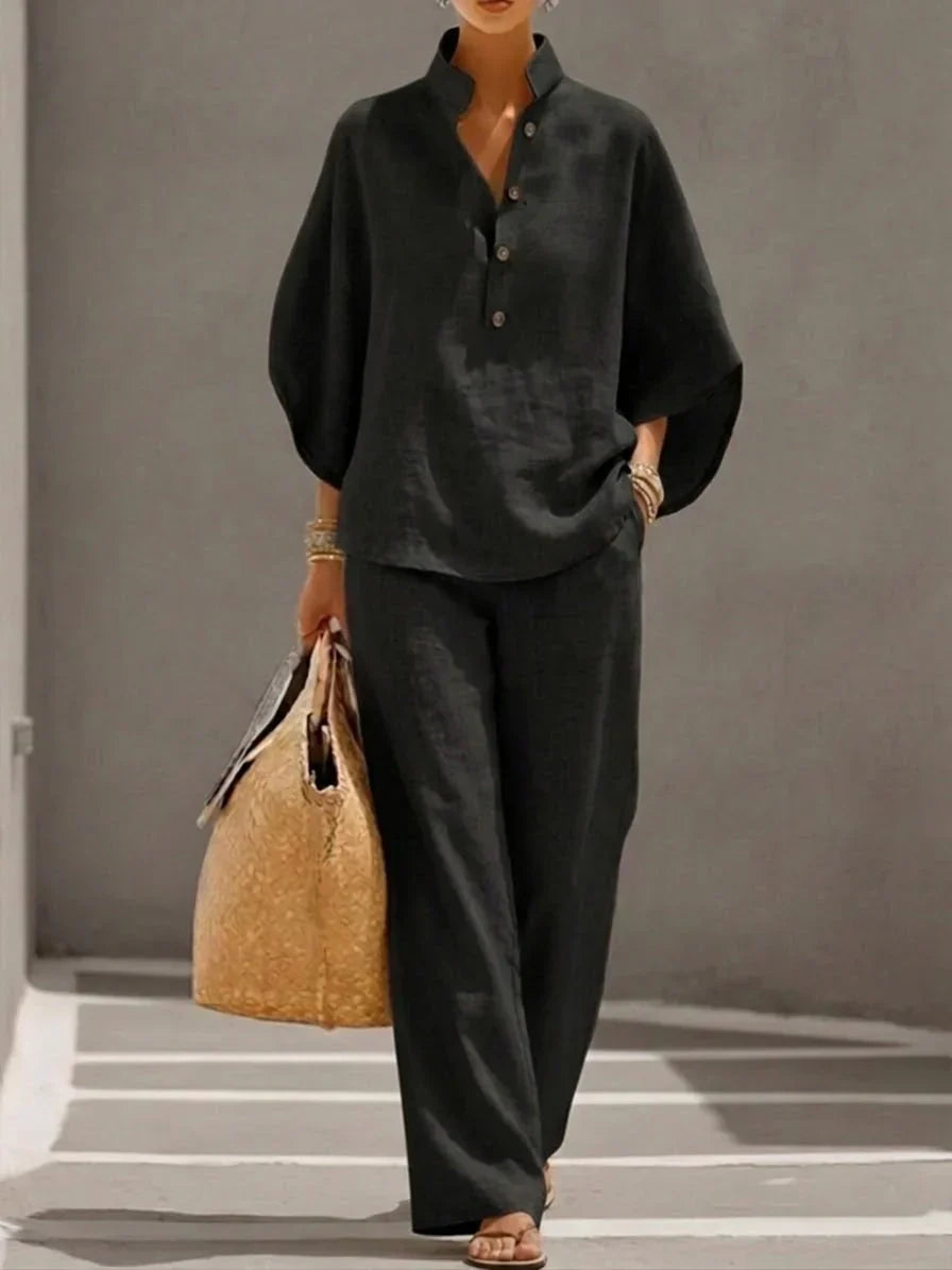 Maribel | Linen Set with Batwing Sleeves and Wide-Leg Pants