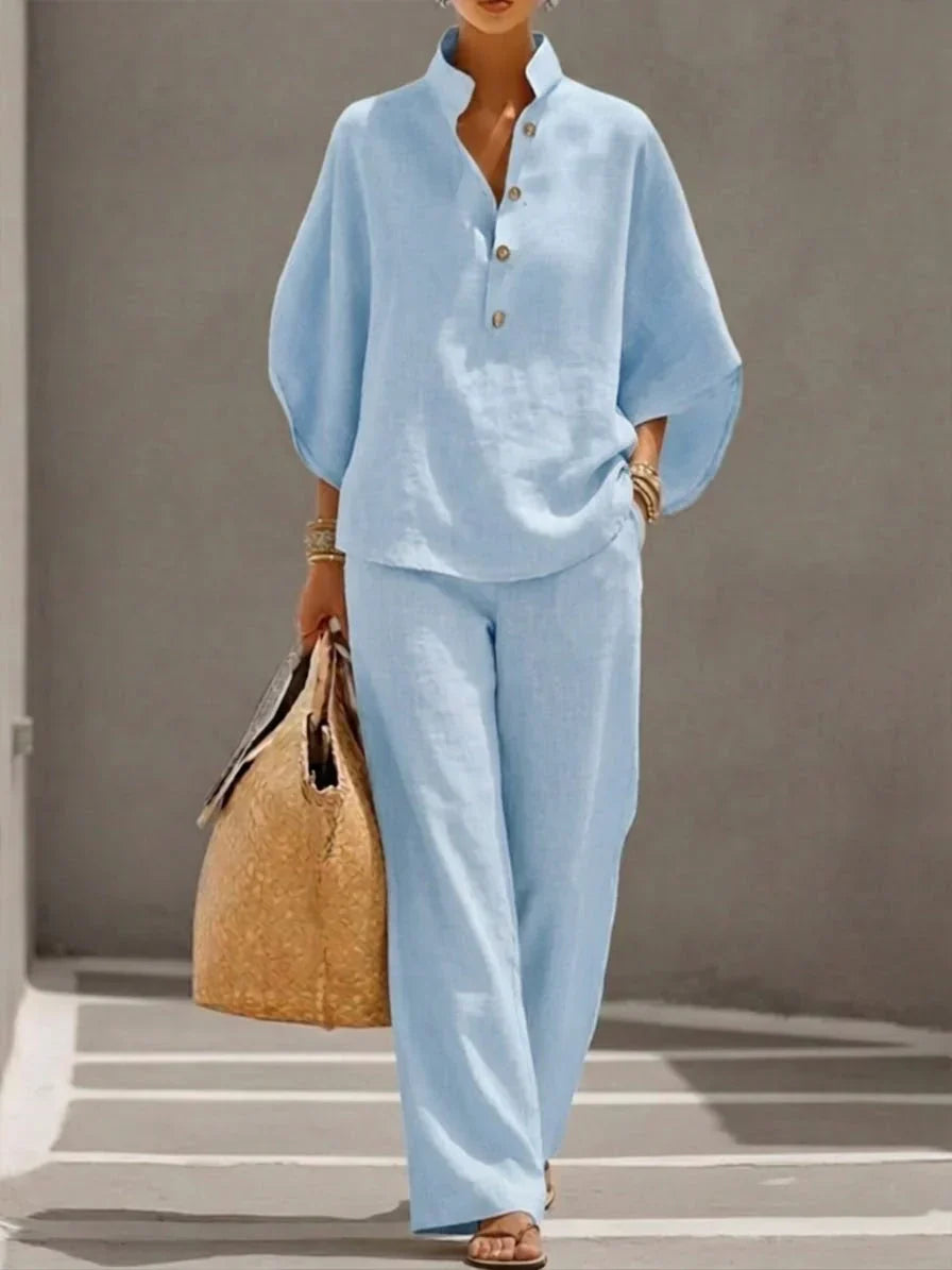 Maribel | Linen Set with Batwing Sleeves and Wide-Leg Pants
