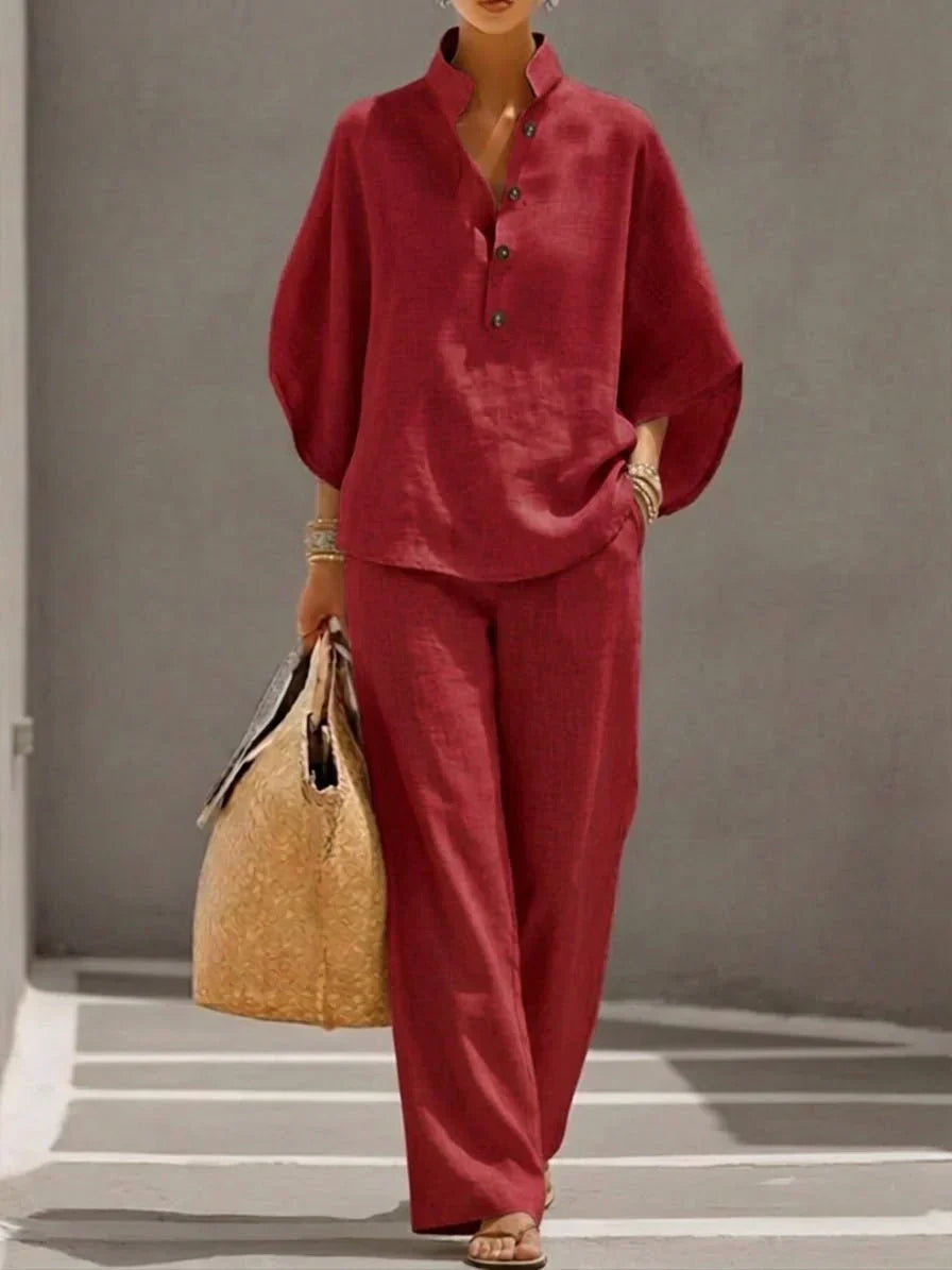 Maribel | Linen Set with Batwing Sleeves and Wide-Leg Pants