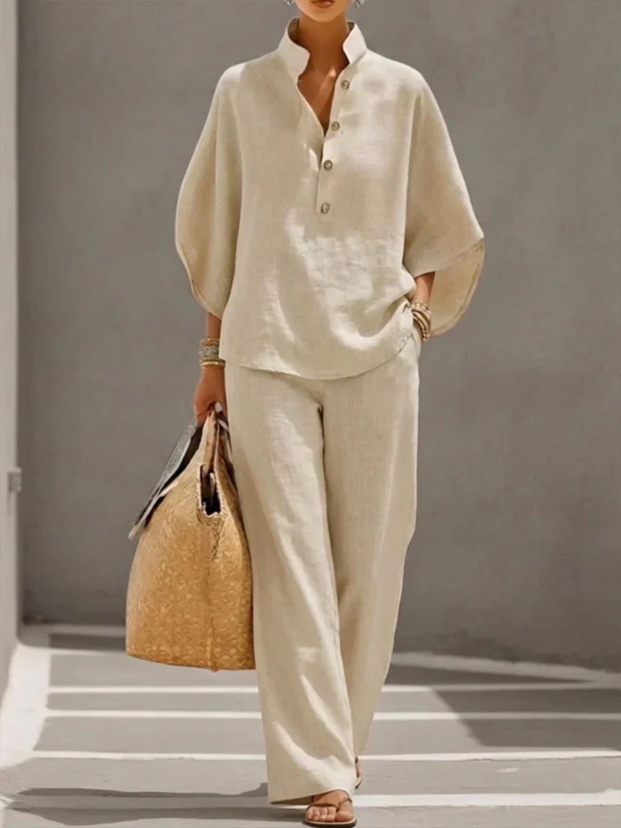 Maribel | Linen Set with Batwing Sleeves and Wide-Leg Pants