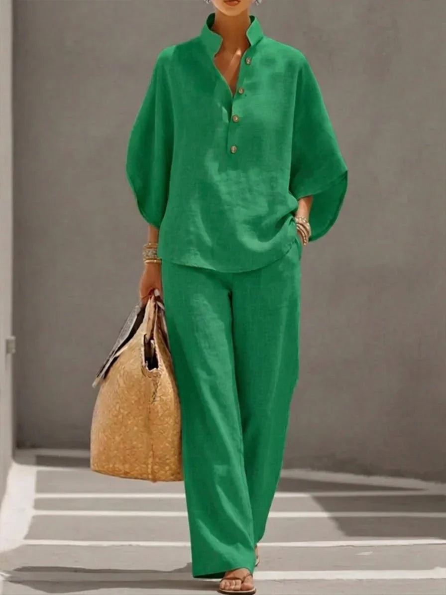 Maribel | Linen Set with Batwing Sleeves and Wide-Leg Pants