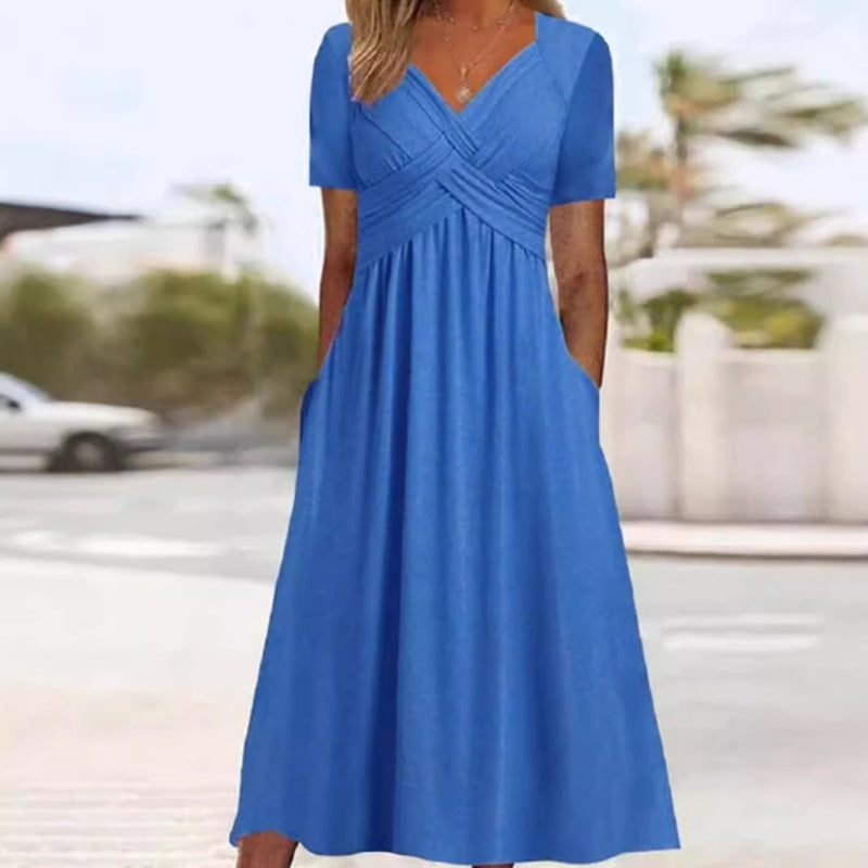 Vestidos Longos Femininos de Manga Curta com Decote em V