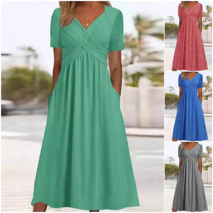 Vestidos Longos Femininos de Manga Curta com Decote em V