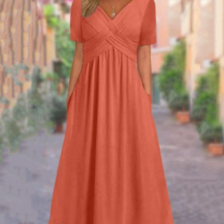 Vestidos Longos Femininos de Manga Curta com Decote em V