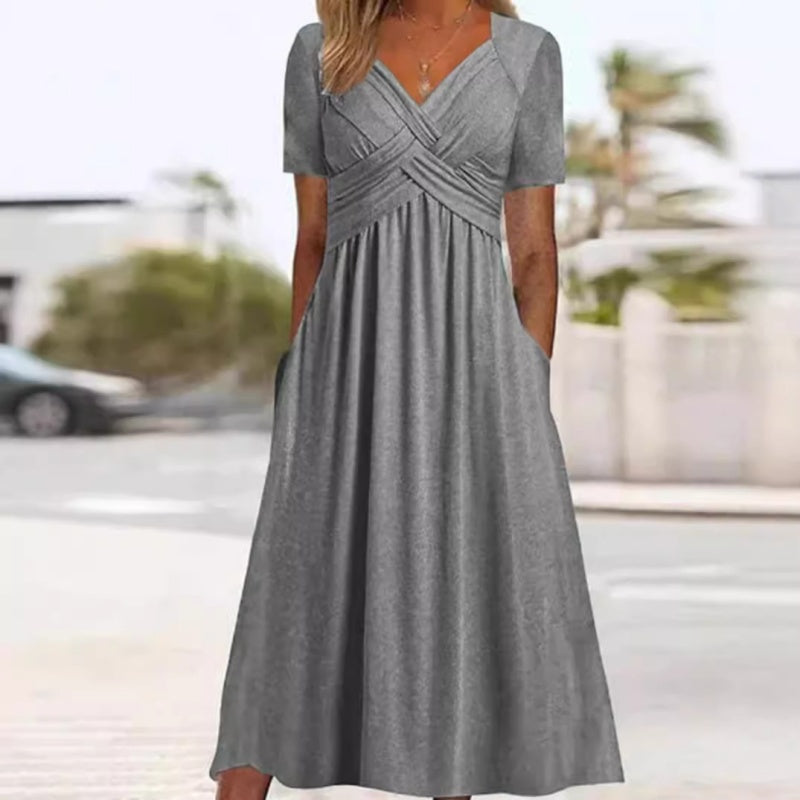Vestidos Longos Femininos de Manga Curta com Decote em V