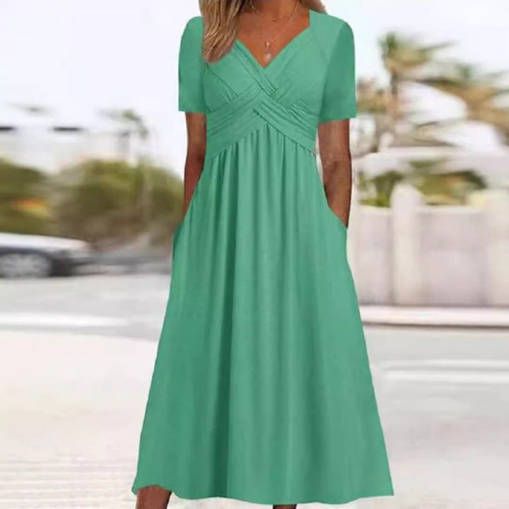 Vestidos Longos Femininos de Manga Curta com Decote em V