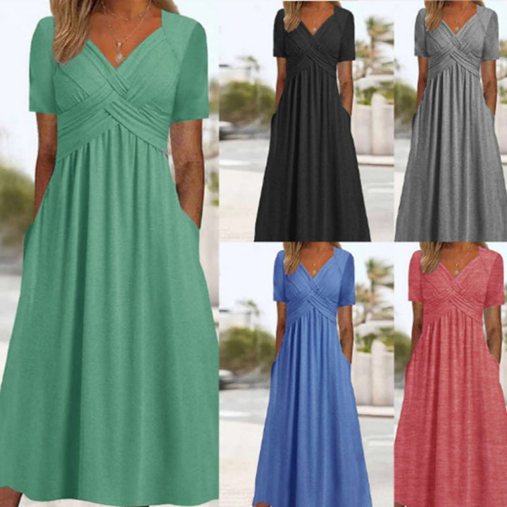 Vestidos Longos Femininos de Manga Curta com Decote em V