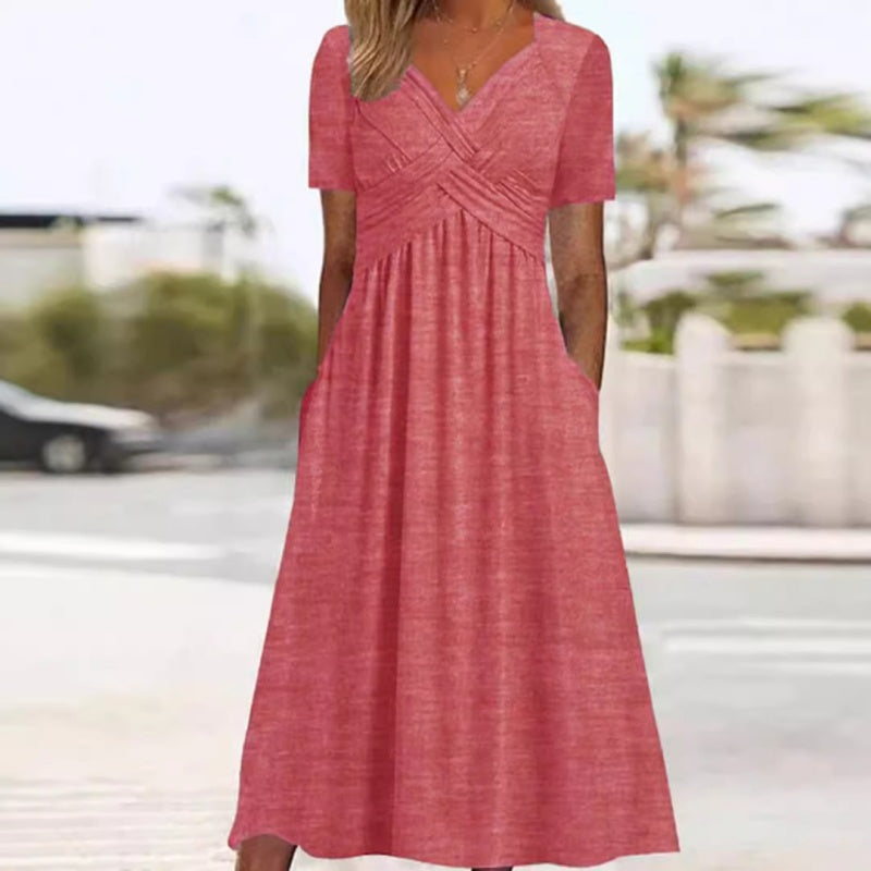 Vestidos Longos Femininos de Manga Curta com Decote em V
