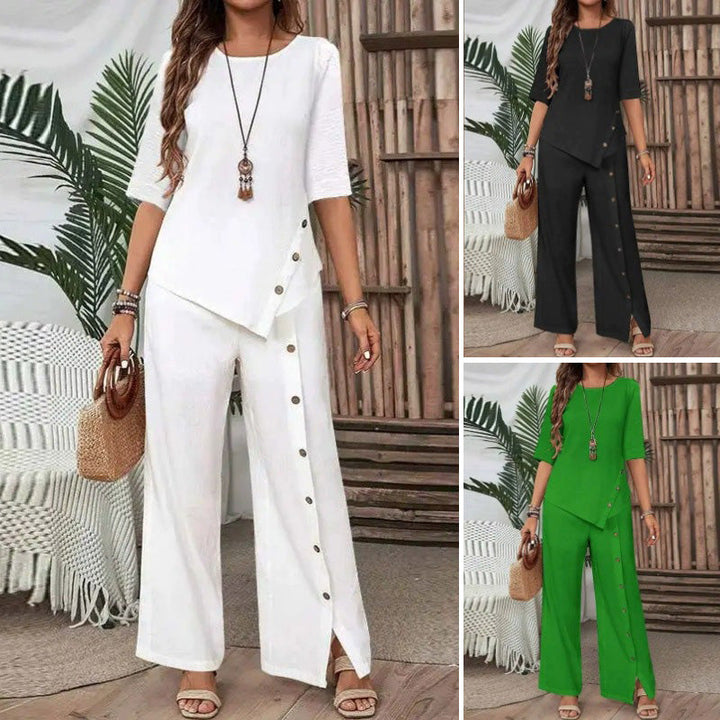 Conjunto Feminino de Top com Barra Irregular e Calça Pantalona