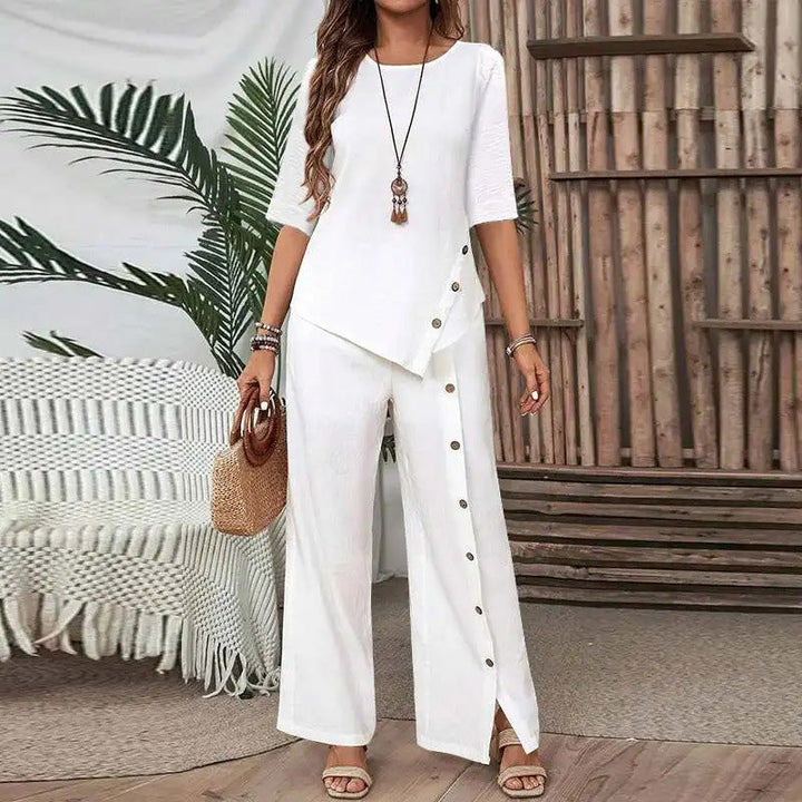 Conjunto Feminino de Top com Barra Irregular e Calça Pantalona