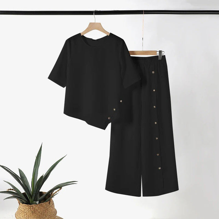 Conjunto Feminino de Top com Barra Irregular e Calça Pantalona
