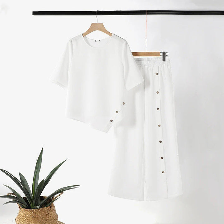 Conjunto Feminino de Top com Barra Irregular e Calça Pantalona