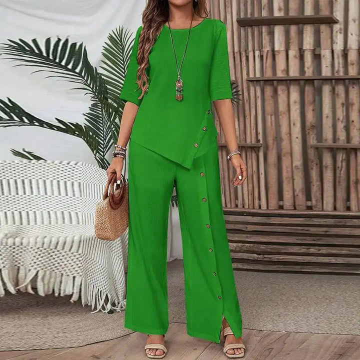 Conjunto Feminino de Top com Barra Irregular e Calça Pantalona