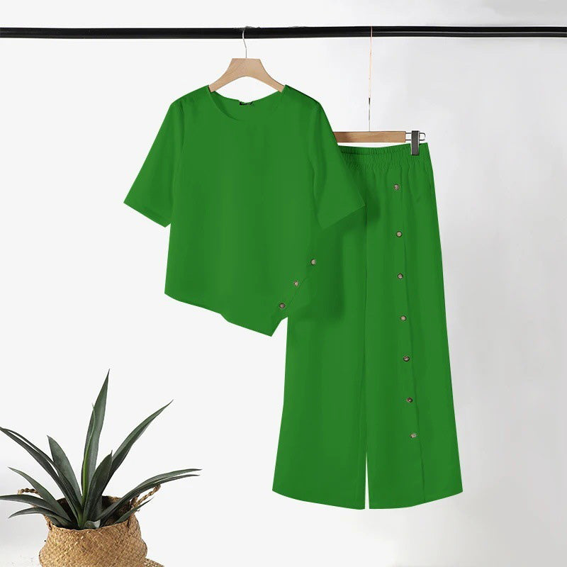 Conjunto Feminino de Top com Barra Irregular e Calça Pantalona