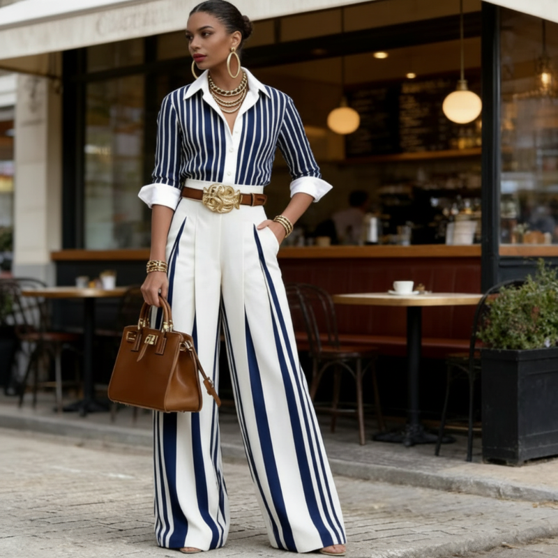 Conjunto Feminino 2 Peças: Camisa Listrada e Calça Pantalona