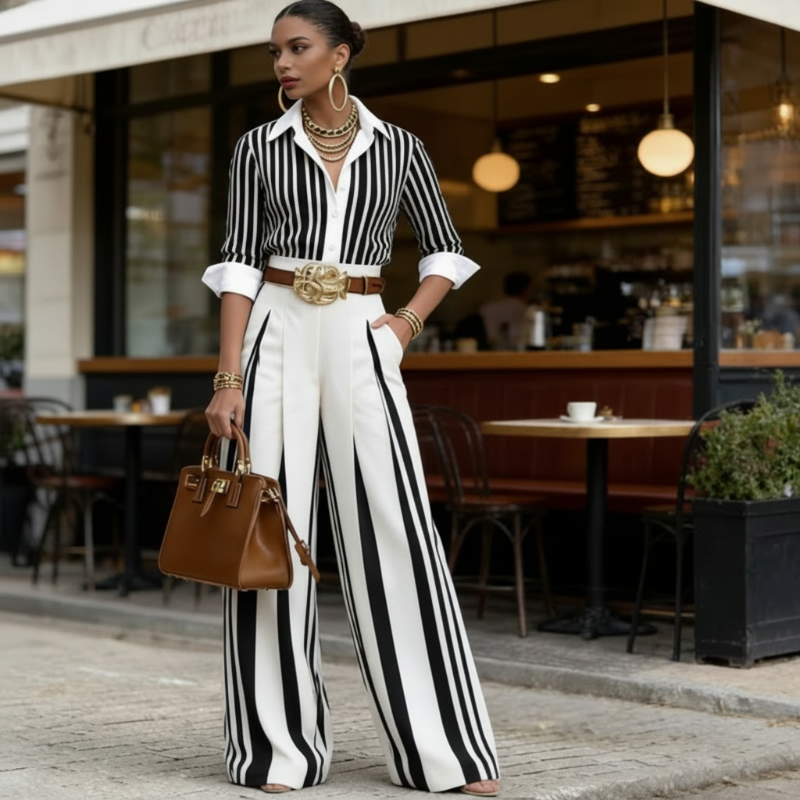 Conjunto Feminino 2 Peças: Camisa Listrada e Calça Pantalona