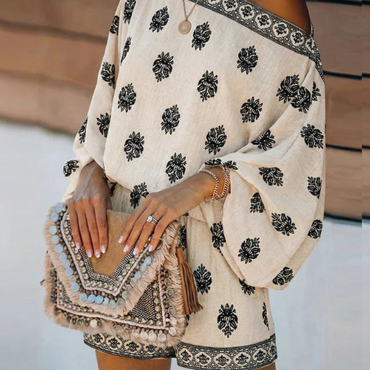 Lexy | Conjunto de mono bohemio estampado con hombros descubiertos