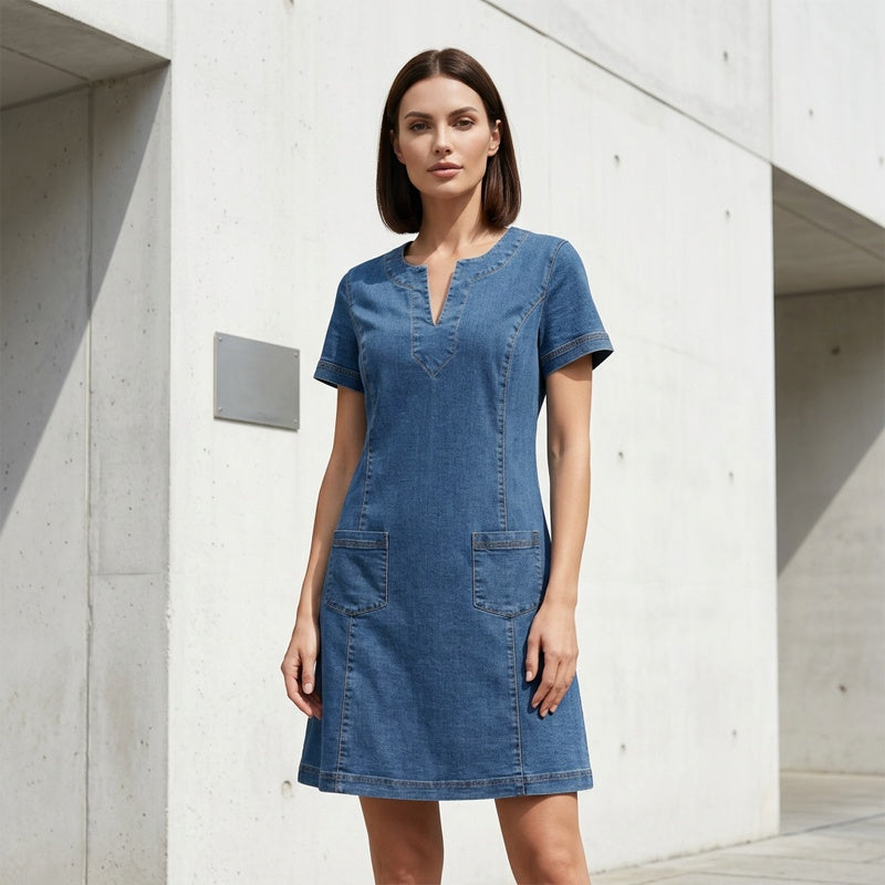 Women's Denim Dress – V-Neck, Short Sleeve, Casual