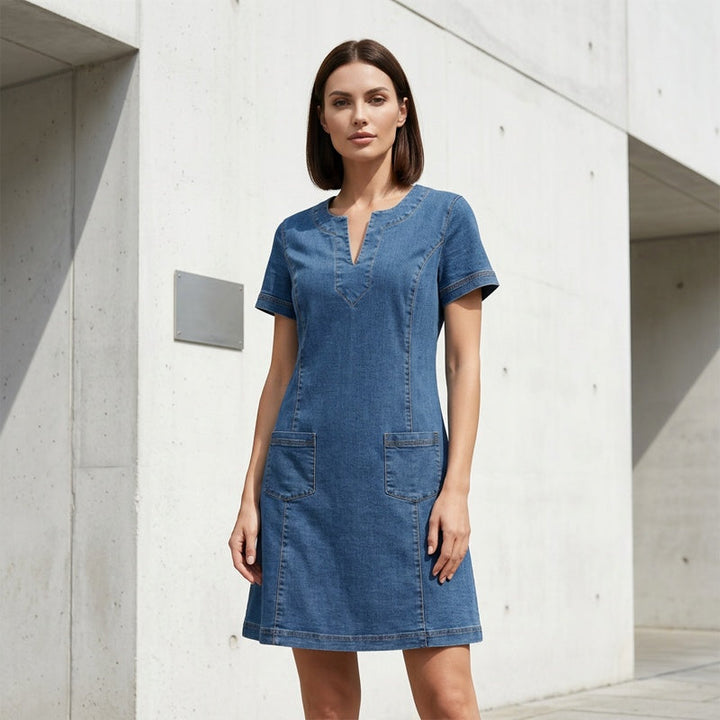 Vestido Jeans Feminino – Decote V, Manga Curta, Casual
