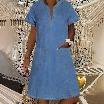 Women's Denim Dress – V-Neck, Short Sleeve, Casual