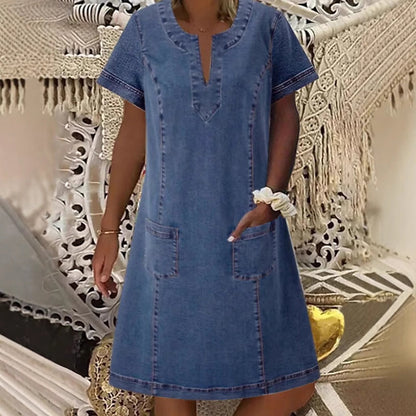 Women's Denim Dress – V-Neck, Short Sleeve, Casual