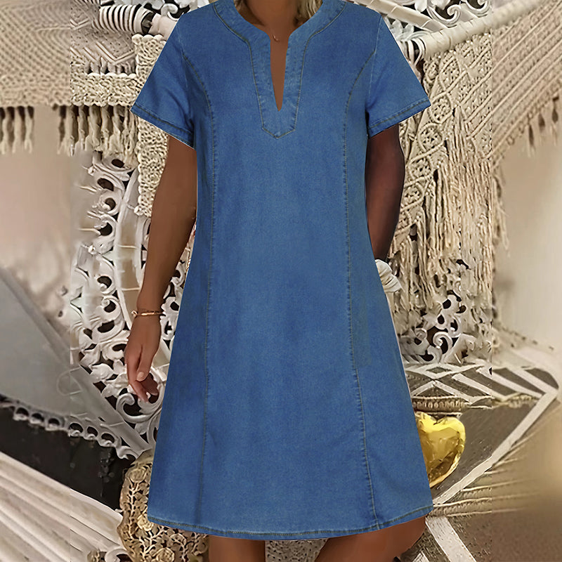 Women's Denim Dress – V-Neck, Short Sleeve, Casual