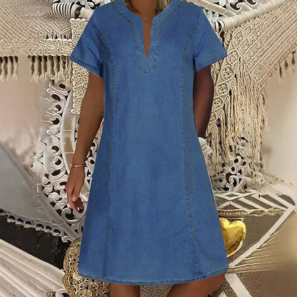Women's Denim Dress – V-Neck, Short Sleeve, Casual