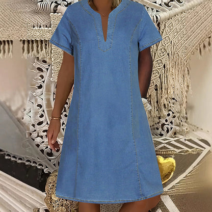 Women's Denim Dress – V-Neck, Short Sleeve, Casual