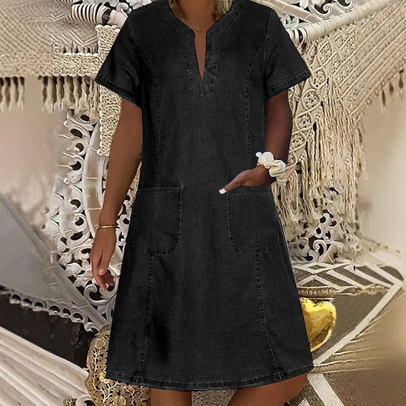 Women's Denim Dress – V-Neck, Short Sleeve, Casual