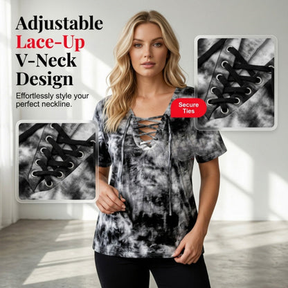 Stella | Batikfarvet T-shirt med snørelukning og V-hals
