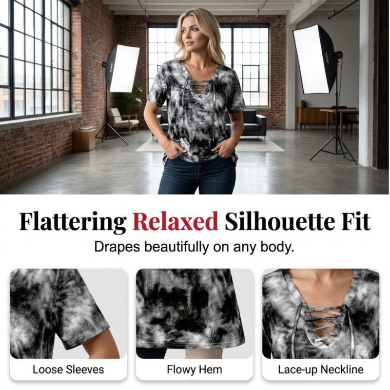 Stella | Batikfarvet T-shirt med snørelukning og V-hals