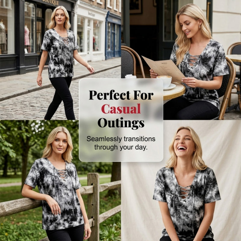 Stella | Batikfarvet T-shirt med snørelukning og V-hals