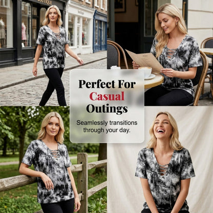 Stella | Batikfarvet T-shirt med snørelukning og V-hals